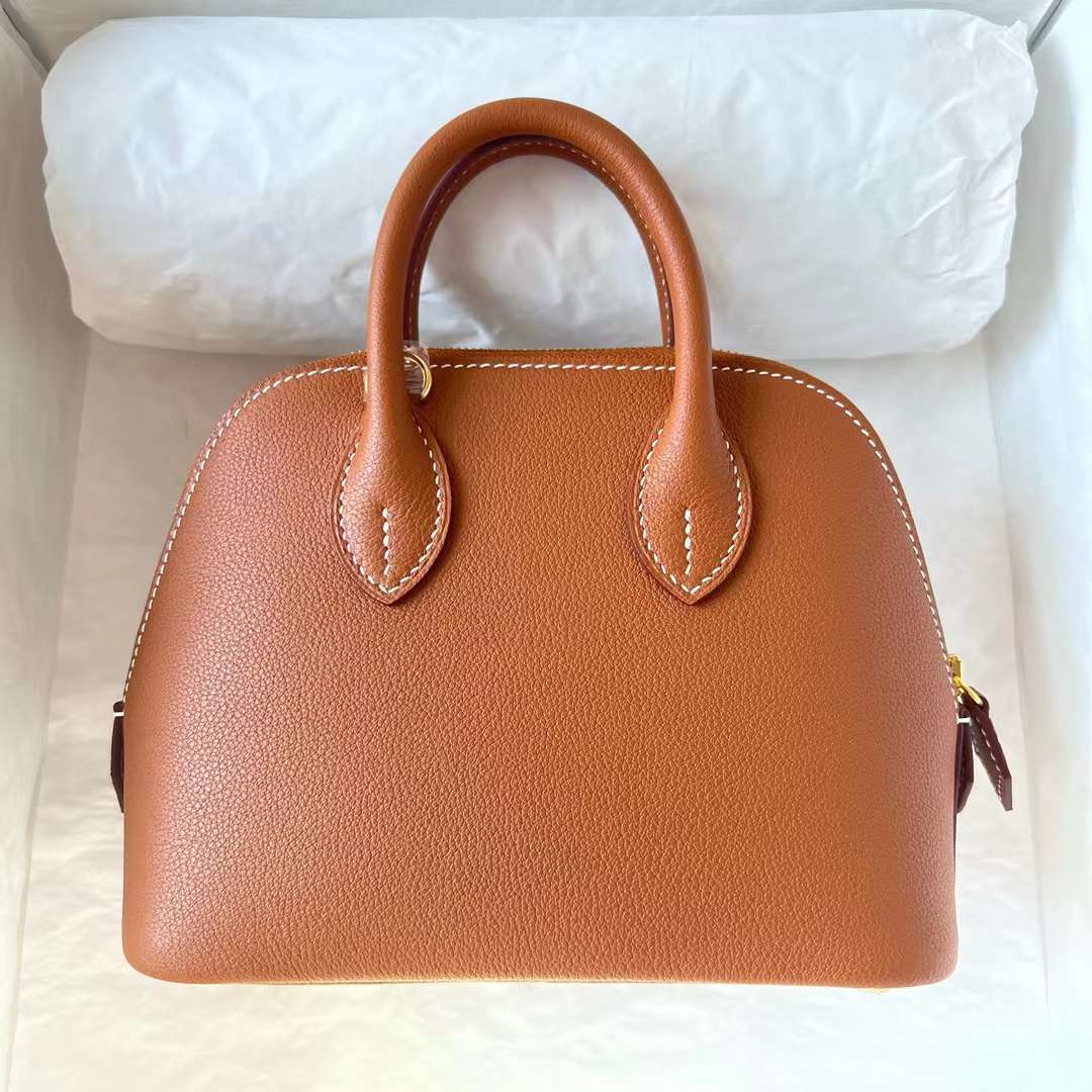 Hermès（爱马仕）Mini Bolide 迷你保龄球包 Evercolor Ck37 金棕色 金扣 19cm 全手工蜡线缝制 Ghw