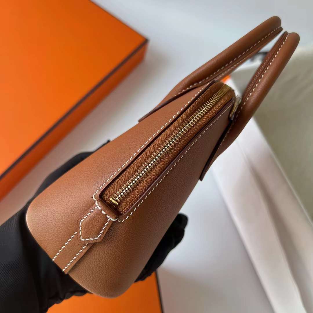 Hermès（爱马仕）Mini Bolide 迷你保龄球包 Evercolor Ck37 金棕色 金扣 19cm 全手工蜡线缝制 Ghw