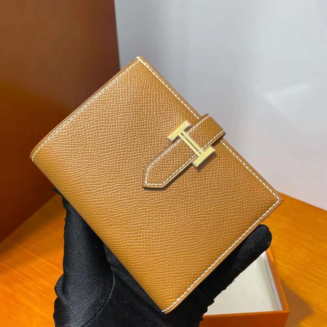 Hermès（爱马仕）Bearn 小H 短款钱包 Epsom Ck37 金棕色 金扣 全手工蜡线缝制