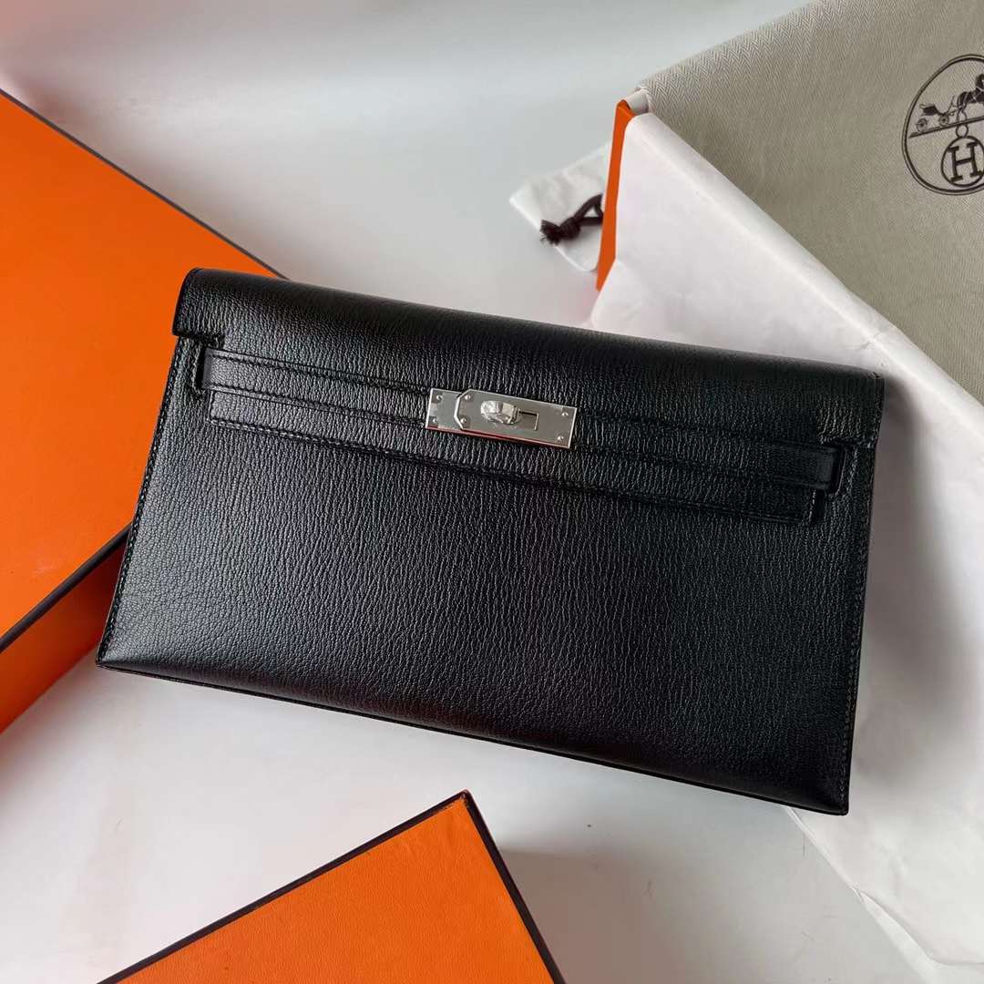 Hermès（爱马仕）Kelly Elan Chevre 进口山羊皮 Ck89 黑色 银扣 27cm 全手工蜡线缝 Phw