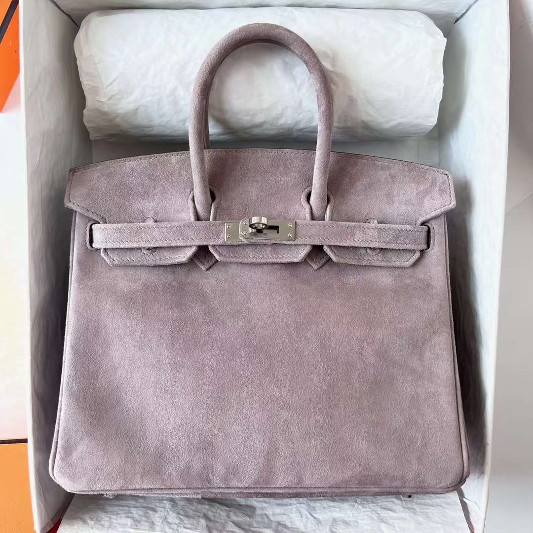 Hermès（爱马仕）Birkin 铂金包 Suede 进口羊皮反绒 麂皮 M8 沥青灰 银扣 25cm 全手工蜡线缝 Phw