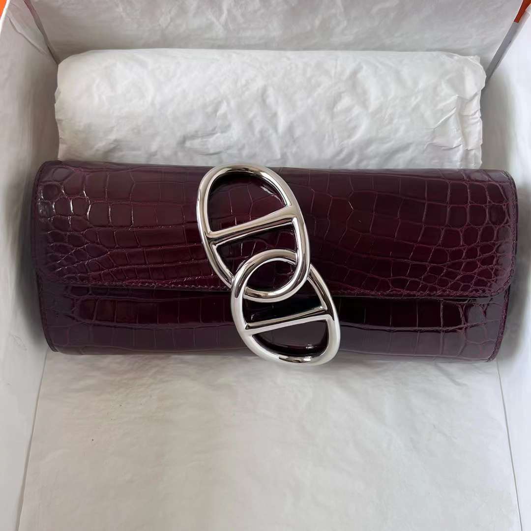 Hermès（爱马仕）猪鼻子手包 亮面尼罗鳄鱼皮 Ck57 波尔多酒红 Bordeaux 银扣 25cm 全手工蜡线缝 Phw