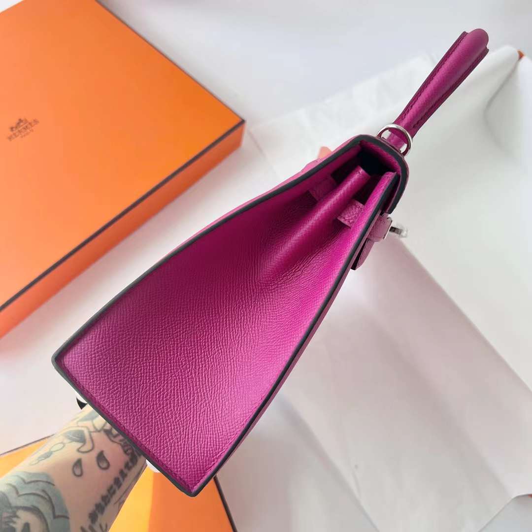 Hermès（爱马仕）Kelly 凯莉包 Epsom 进口掌纹皮 L3 玫瑰紫 银扣 25cm 全手工蜡线缝 Phw