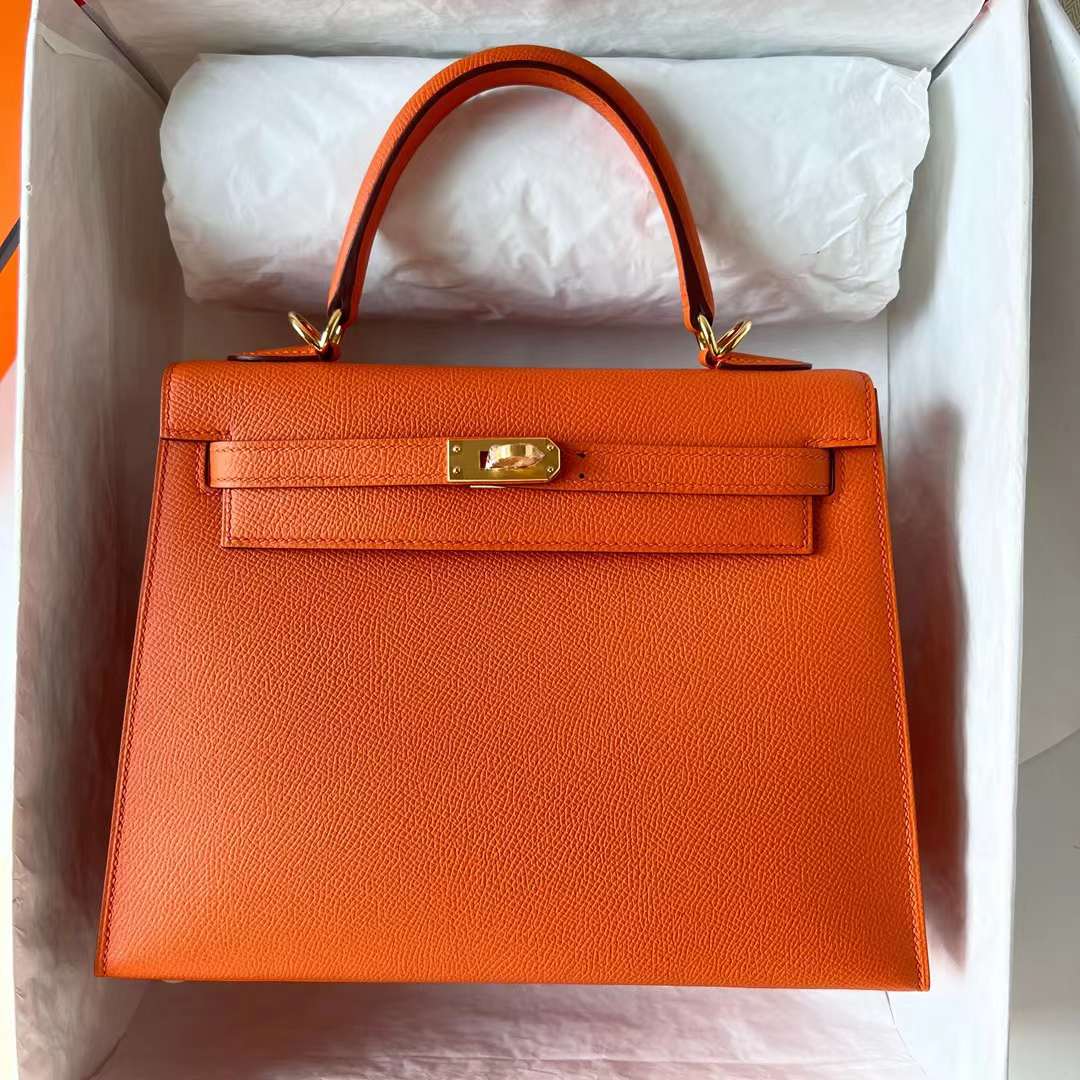 Hermès（爱马仕）Kelly 凯莉包 Epsom 进口手掌纹 Ck93 橙色 Orange 金扣 25cm 全手工蜡线缝 Ghw