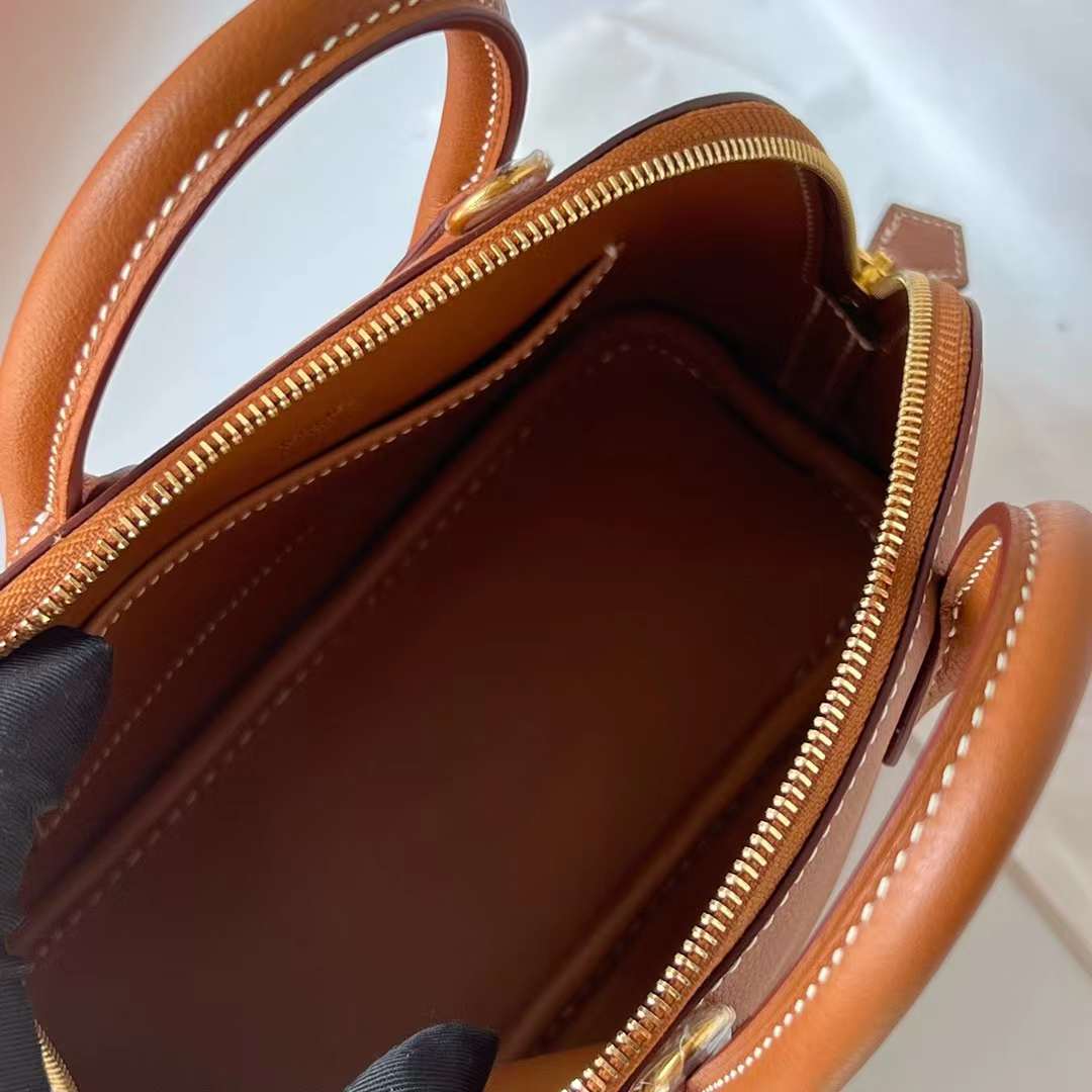 Hermès（爱马仕）Mini Bolide 迷你保龄球包 Evercolor Ck37 金棕色 金扣 19cm 全手工蜡线缝制 Ghw