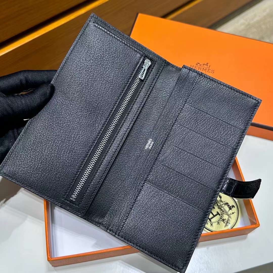 Hermès（爱马仕）Bearn Long 雾面美洲鳄鱼皮 Ck89 黑色 Noir 银扣 一级工艺 全手工蜡线缝 Phw