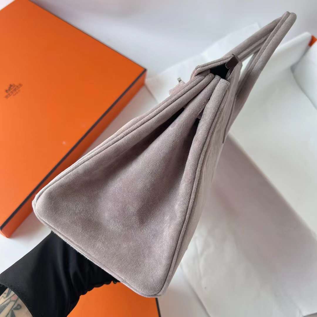 Hermès（爱马仕）Birkin 铂金包 Suede 进口羊皮反绒 麂皮 M8 沥青灰 银扣 25cm 全手工蜡线缝 Phw