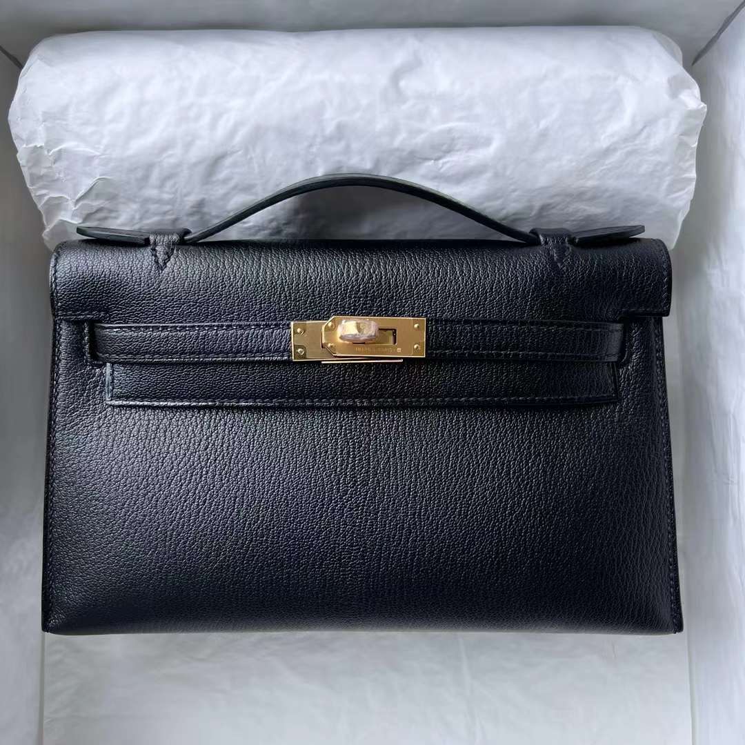 Hermès（爱马仕）Mini Kelly Pochette Chevre 进口山羊皮 Ck89 黑色 金扣 22cm 全手工蜡线缝 Ghw