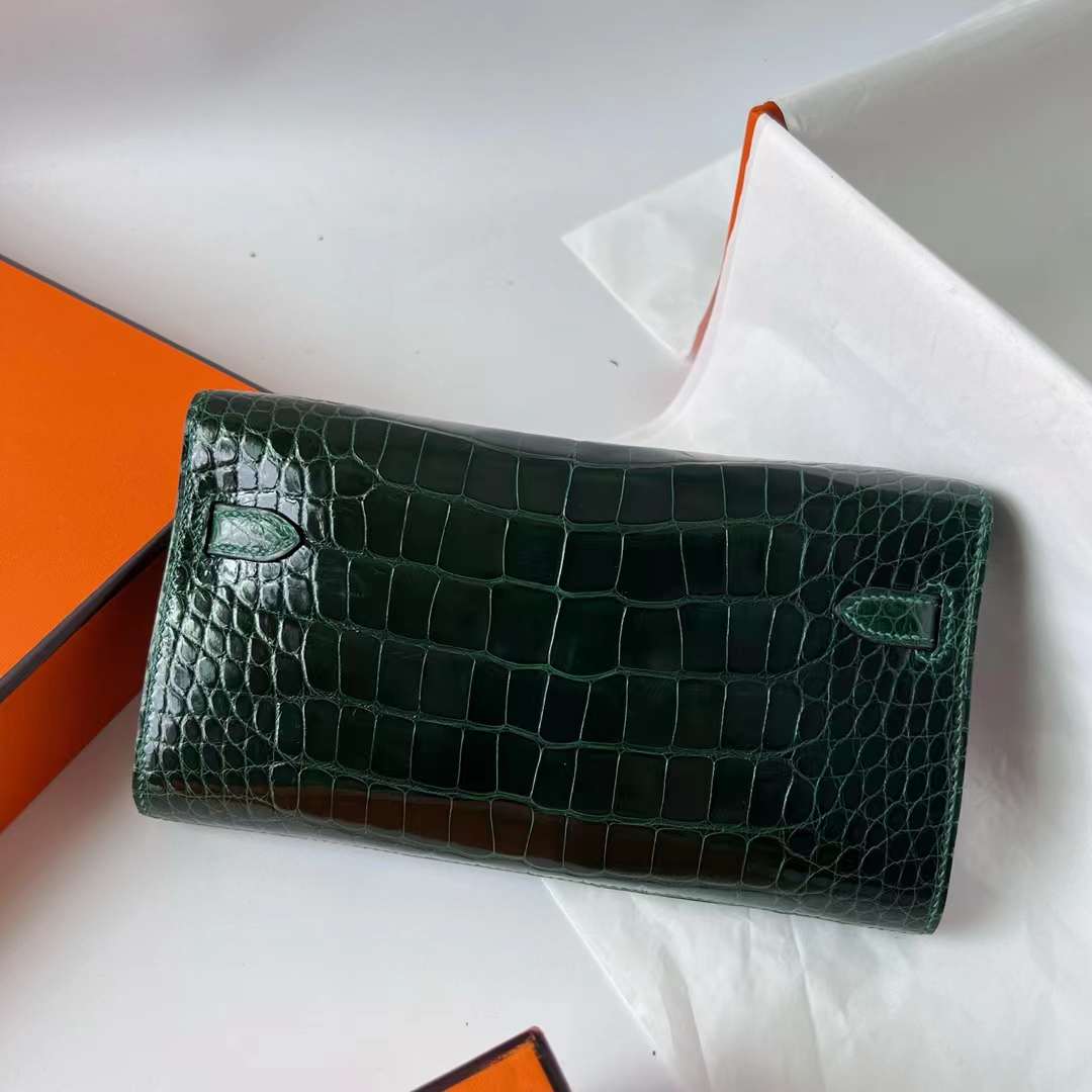 Hermès（爱马仕）Kelly to go 亮面美洲鳄鱼皮 Shiny Alligator Crocodile Ck67 祖母绿 金扣 20cm Ghw 全手工蜡线缝
