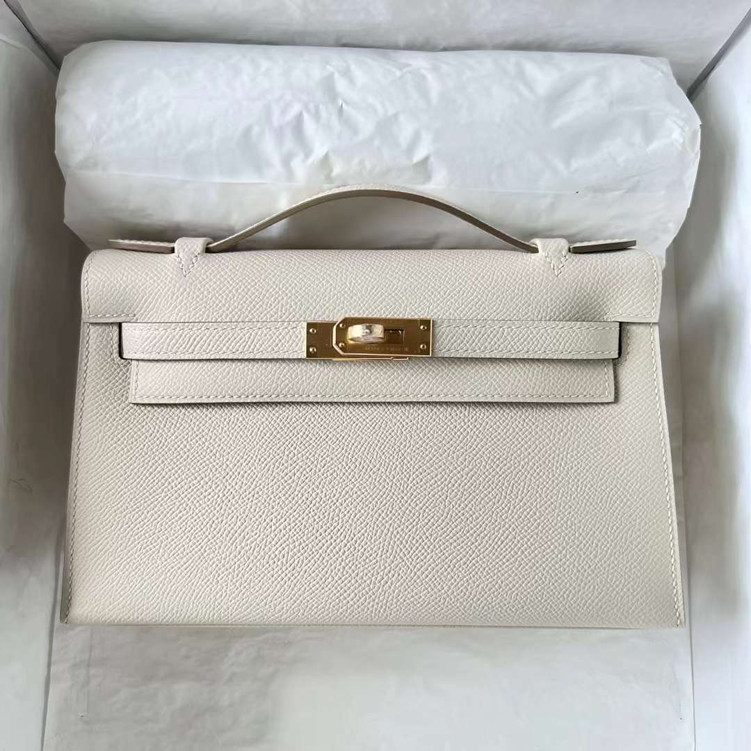Hermès（爱马仕）Mini Kelly Pochette Epsom Ck10 奶昔白 Craie 金扣 22cm 全手工蜡线缝 Ghw