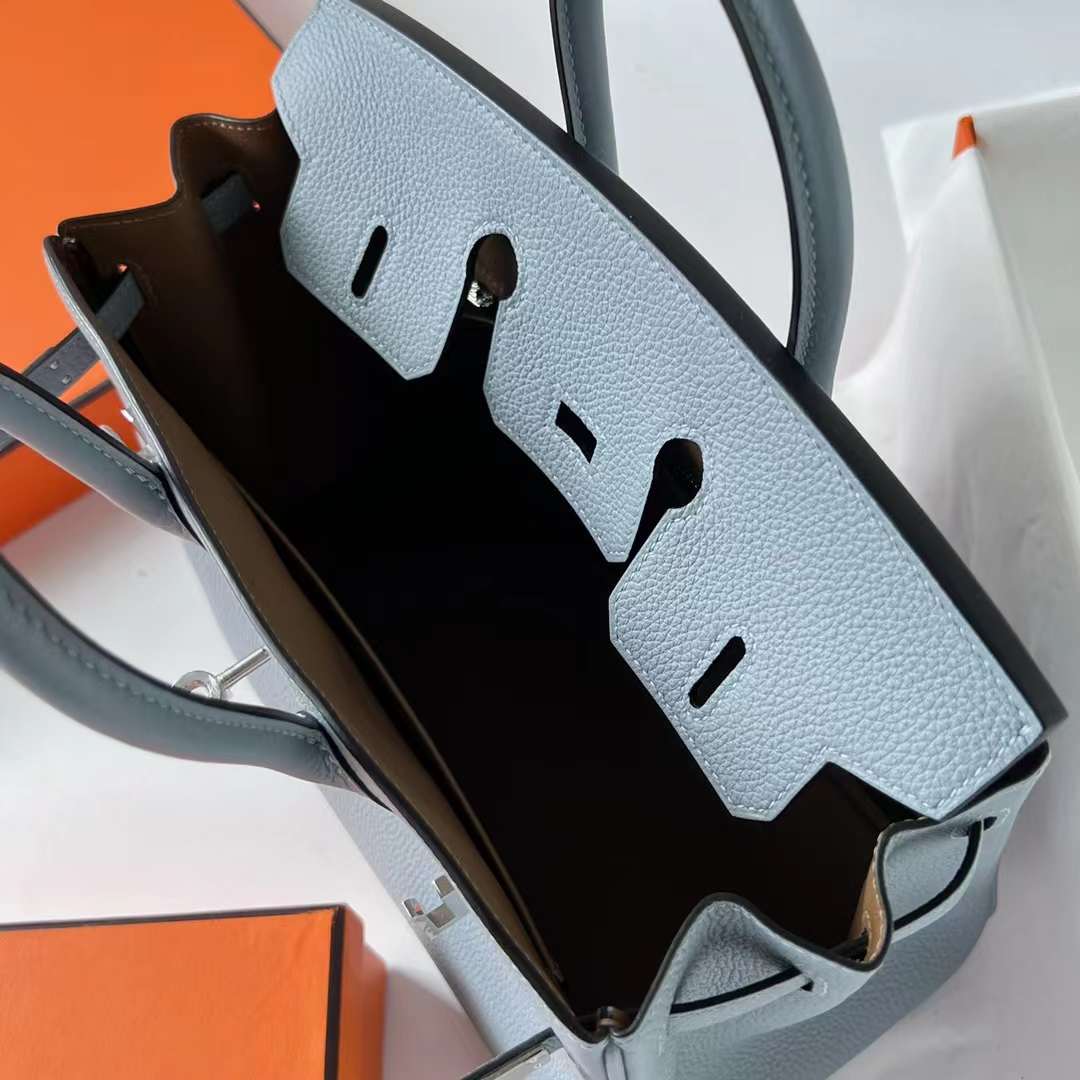 Hermès（爱马仕）Birkin 铂金包 Togo J7 亚麻蓝 内拼 D0 威马犬米色 银扣 25cm 全手工蜡线缝 Phw