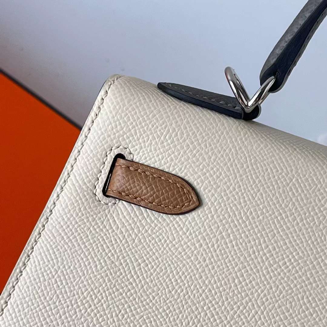 Hermès（爱马仕）Kelly 凯莉包 Epsom i2 奶油白 拼 0M 奶茶色 拼 0L 积雨云灰 银扣 25cm 全手工蜡线缝制 Phw