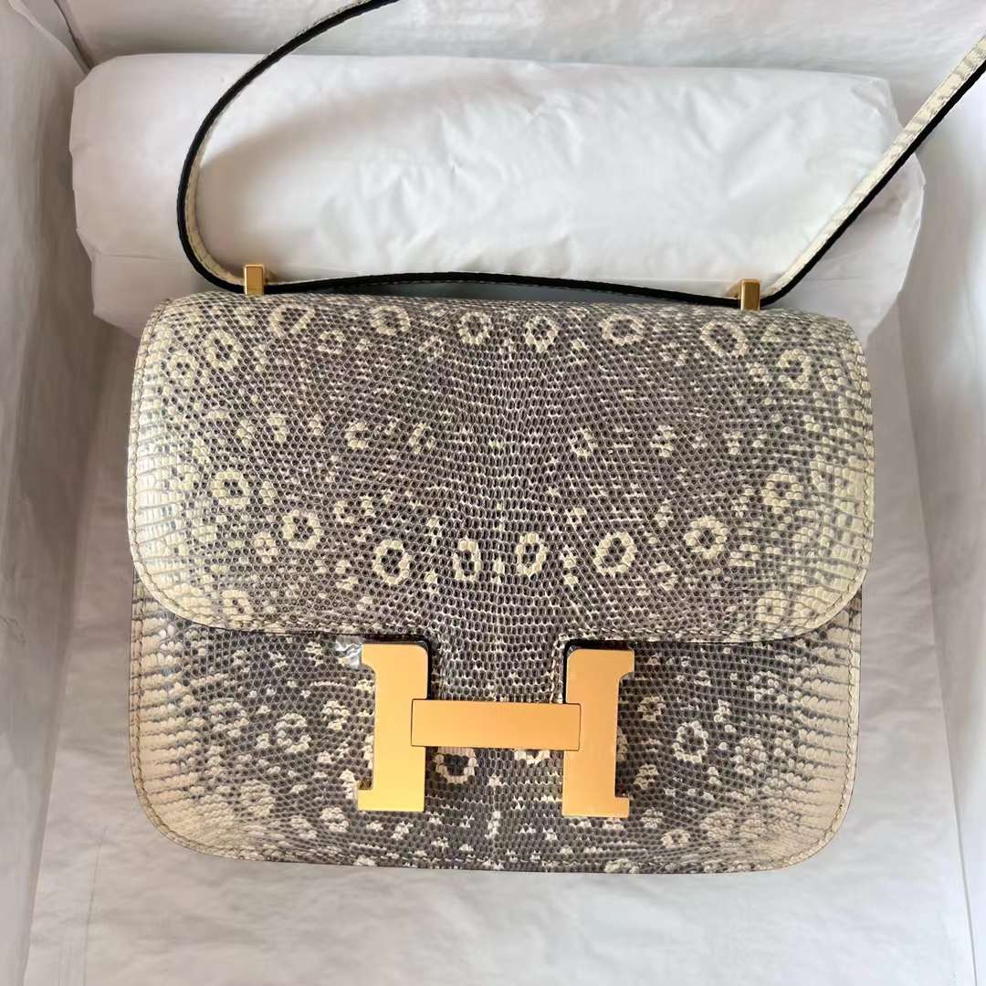 Hermès（爱马仕）Constance 空姐包 Lizard 进口蜥蜴皮 自然色 金扣 19cm 全手工蜡线缝 Ghw
