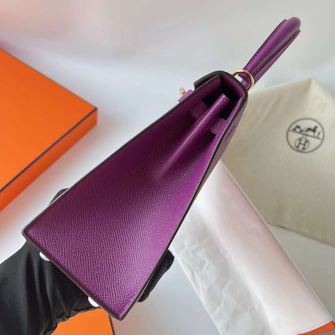 Hermès（爱马仕）Kelly 凯莉包 Epsom 进口手掌纹 P9 海葵紫 Anemone 银扣 25cm 全手工蜡线缝 Phw