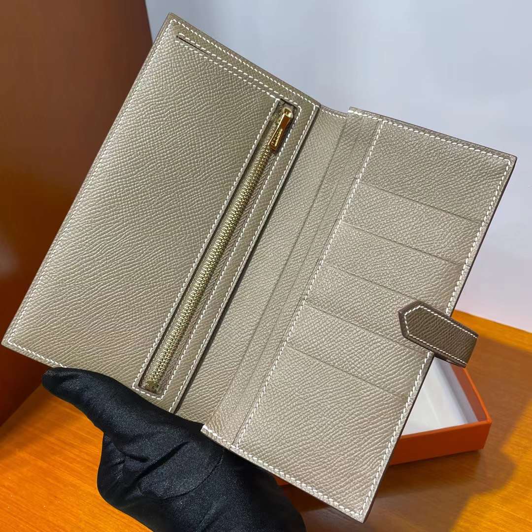 Hermès（爱马仕）Bearn 长款钱包 Epsom Ck18 大象灰 金扣 全手工蜡线缝制