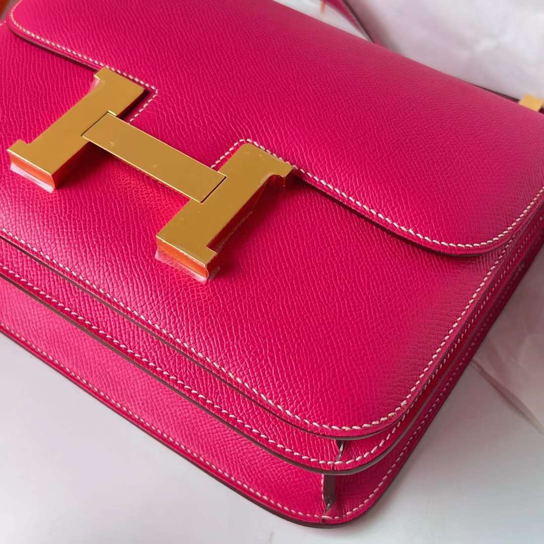 Hermès（爱马仕）Constance 空姐包 Epsom E5 桃红色 Rose Tyrien 金扣 24cm Ghw 全手工蜡线缝