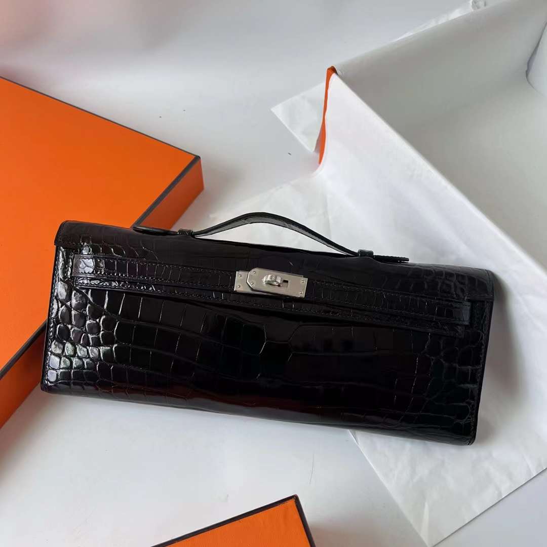 Hermès（爱马仕）Kelly cut 亮面倒v澳洲湾鳄 shiny porosus crocodile Ck89 黑色 银扣 31cm 全手工蜡线缝 Phw
