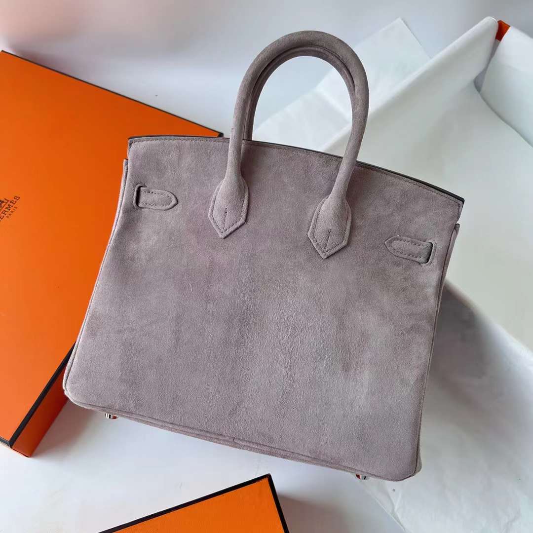 Hermès（爱马仕）Birkin 铂金包 Suede 进口羊皮反绒 麂皮 M8 沥青灰 银扣 25cm 全手工蜡线缝 Phw
