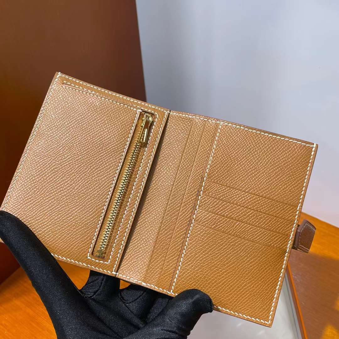 Hermès（爱马仕）Bearn 小H 短款钱包 Epsom Ck37 金棕色 金扣 全手工蜡线缝制