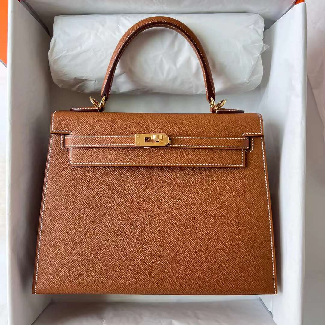 Hermès（爱马仕）Kelly 凯莉包 Epsom Ck37 金棕色 金扣 25cm 全手工蜡线缝制 Ghw