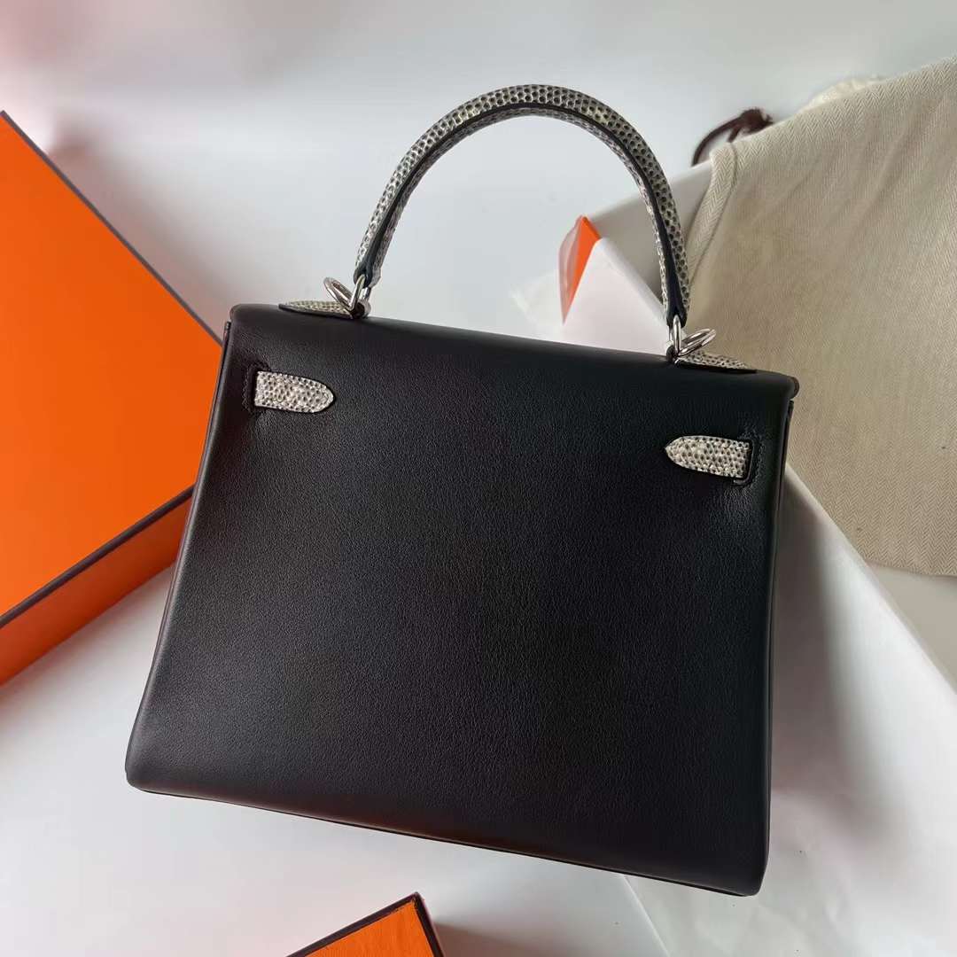 Hermès（爱马仕）Kelly 凯莉包 Touch Swift皮 拼 亮面蜥蜴皮 Ck89 黑色 拼 自然色 银扣 25cm 全手工蜡线缝 Phw
