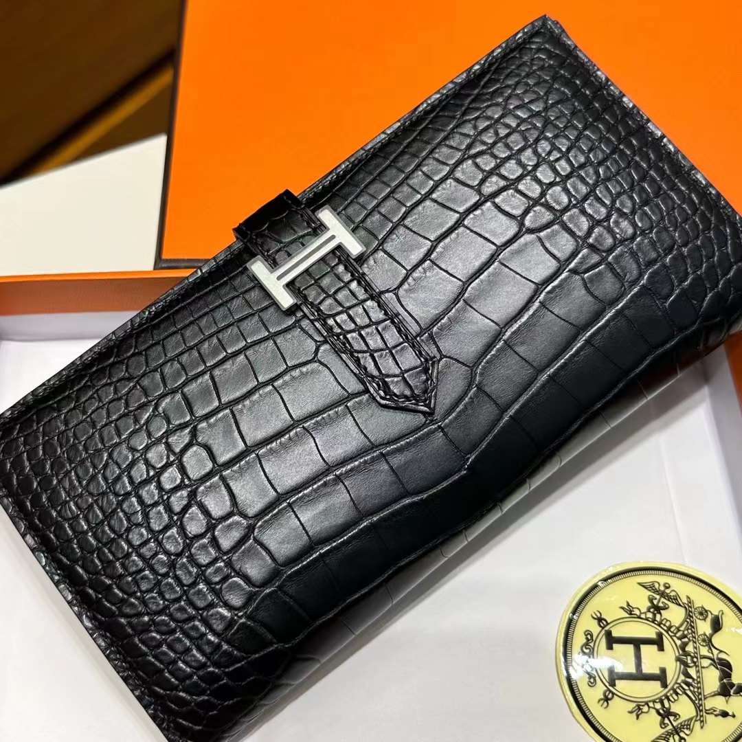 Hermès（爱马仕）Bearn Long 雾面美洲鳄鱼皮 Ck89 黑色 Noir 银扣 一级工艺 全手工蜡线缝 Phw