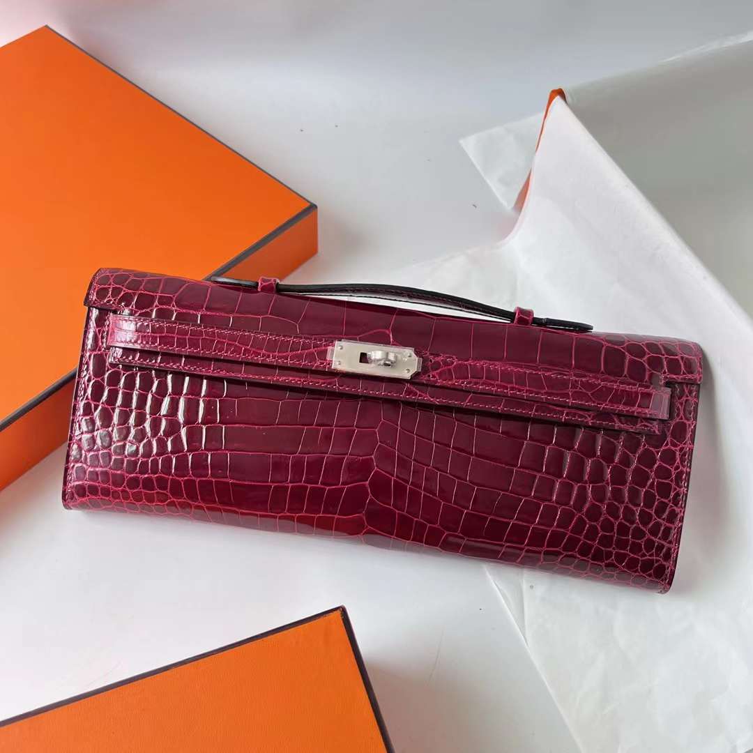 Hermès（爱马仕）Kelly cut 亮面倒v澳洲湾鳄 shiny porosus crocodile F5 勃艮第酒红 Bourgogne 银扣 31cm 全手工蜡线缝 Phw