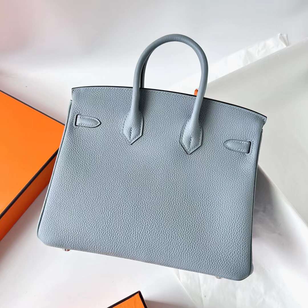 Hermès（爱马仕）Birkin 铂金包 Togo J7 亚麻蓝 内拼 D0 威马犬米色 银扣 25cm 全手工蜡线缝 Phw