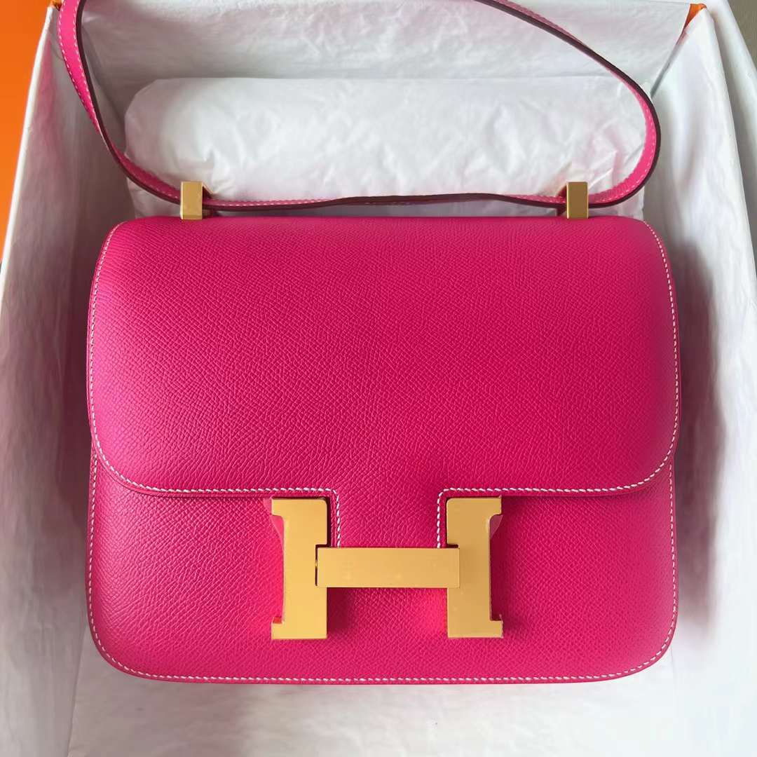 Hermès（爱马仕）Constance 空姐包 Epsom E5 桃红色 Rose Tyrien 金扣 24cm Ghw 全手工蜡线缝