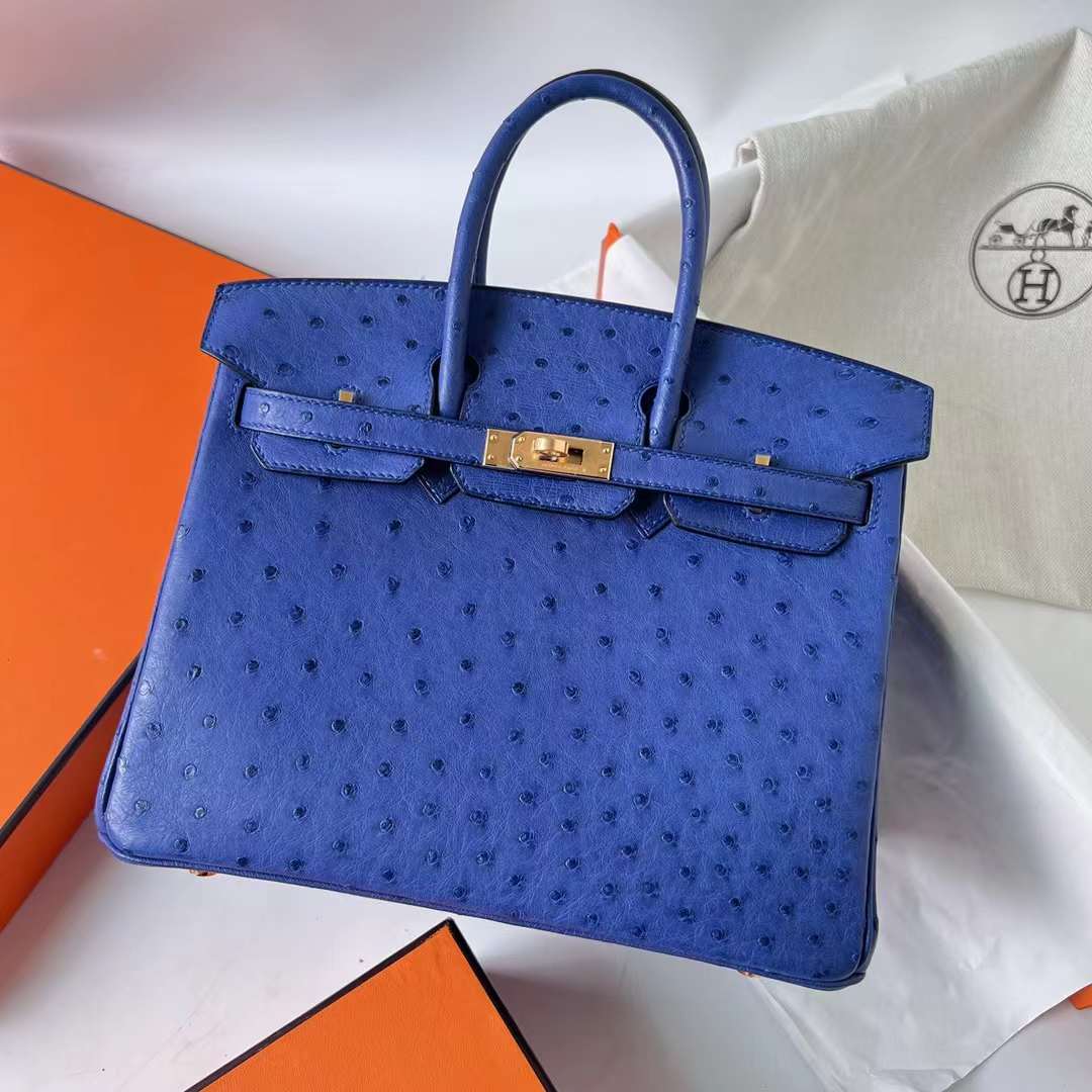 Hermès（爱马仕）Birkin 铂金包 Ostrich 进口鸵鸟皮 I7 琉璃蓝 金扣 25cm 全手工蜡线缝 Ghw