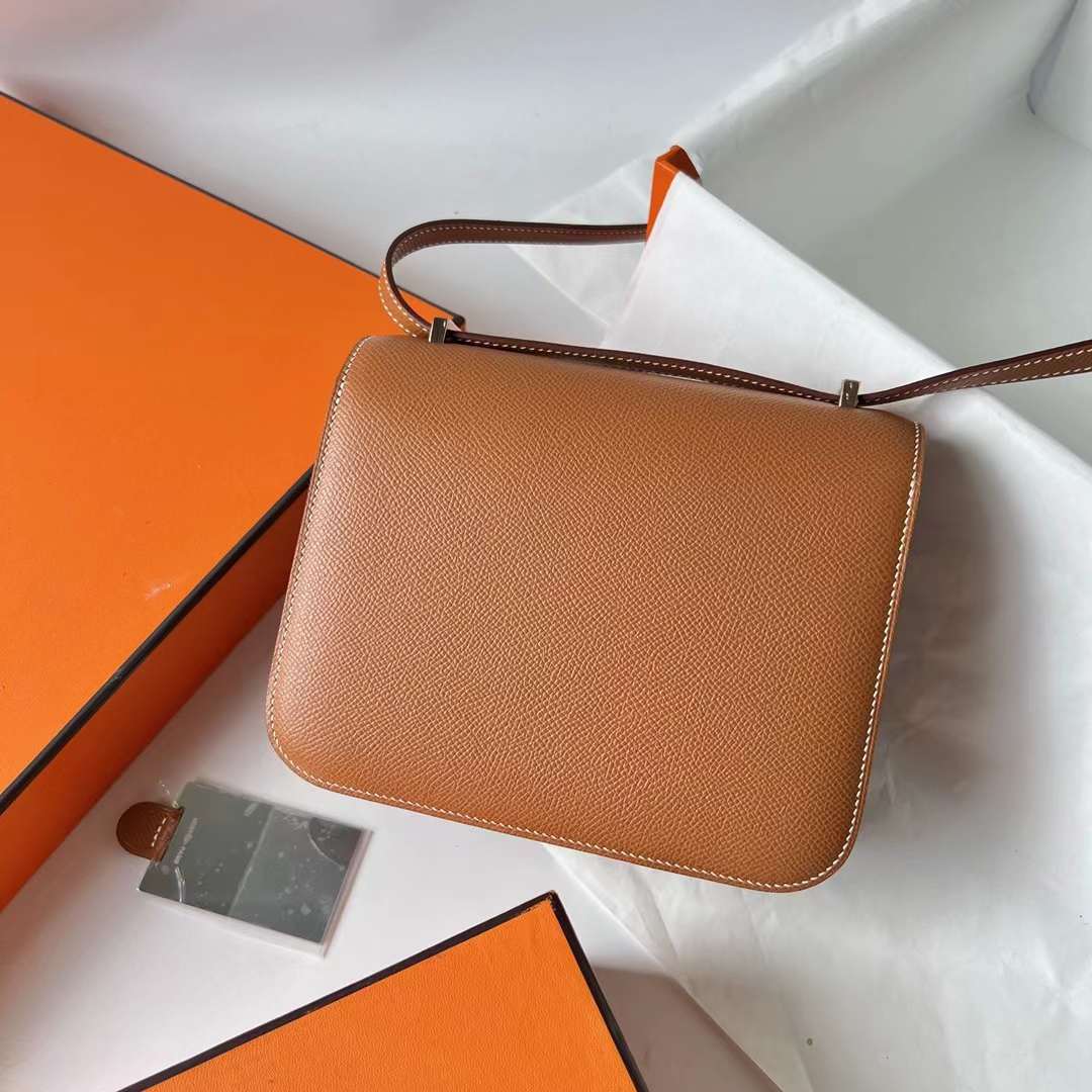 Hermès（爱马仕）Constance 空姐包 Epsom 镜子款 Ck37 金棕色 玫瑰金扣 1-19cm 全手工蜡线缝 Rghw