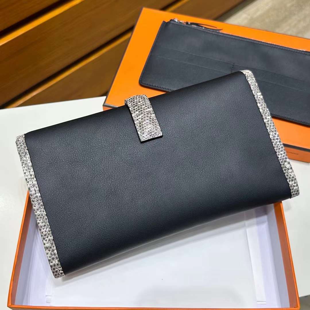 Hermès（爱马仕）Jige 钱包 Swift 拼 亮面蜥蜴皮 黑色 拼 自然色 22cm 全手工蜡线缝