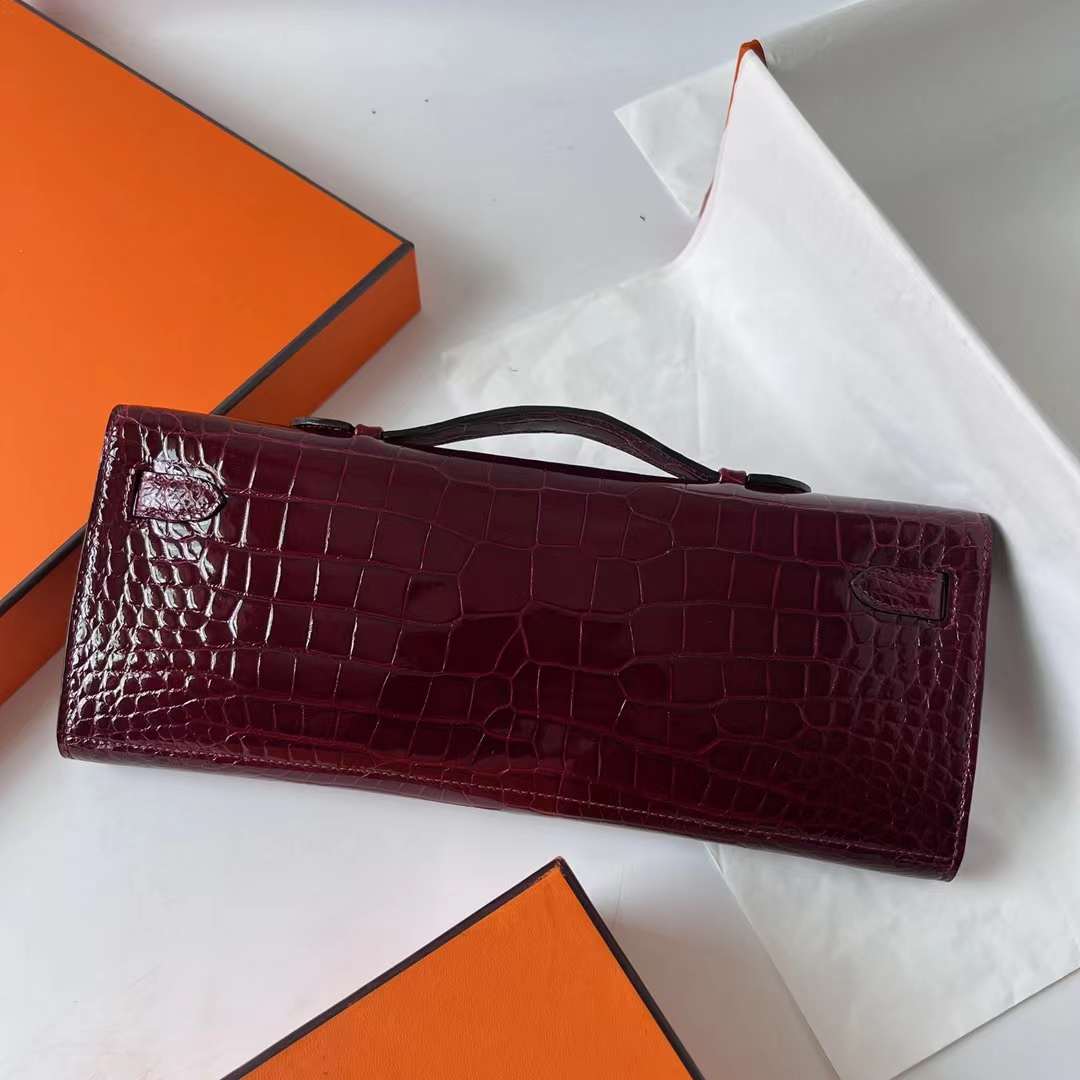 Hermès（爱马仕）Kelly cut 亮面倒v澳洲湾鳄 shiny porosus crocodile F5 勃艮第酒红 Bourgogne 金扣 31cm 全手工蜡线缝 Ghw