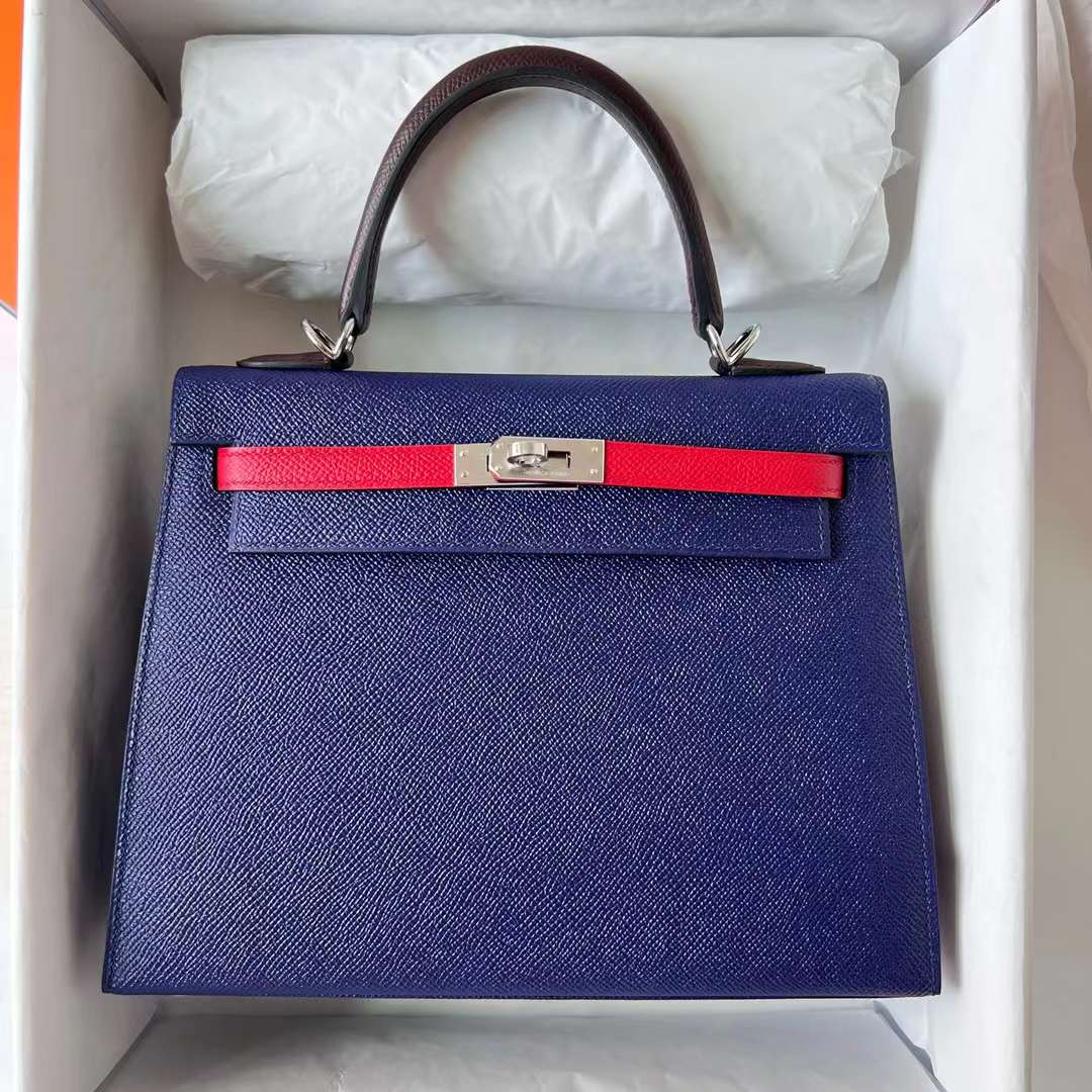 Hermès（爱马仕）Kelly 凯莉包 Epsom Ck73 宝石蓝 拼 0G 马鞍红 拼 Q5 国旗红 银扣 25cm 全手工蜡线缝制 Phw