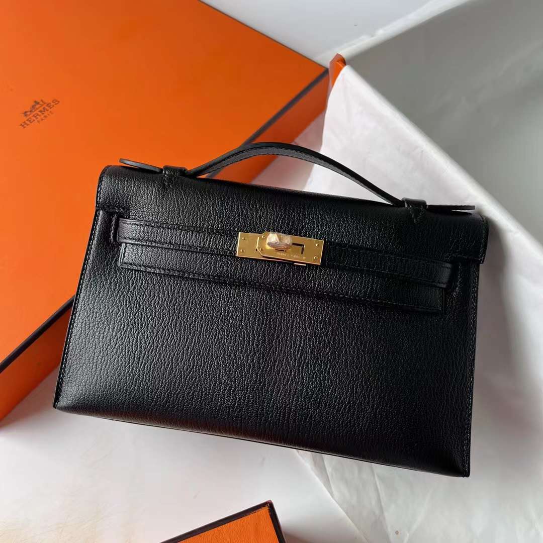 Hermès（爱马仕）Mini Kelly Pochette Chevre 进口山羊皮 Ck89 黑色 金扣 22cm 全手工蜡线缝 Ghw