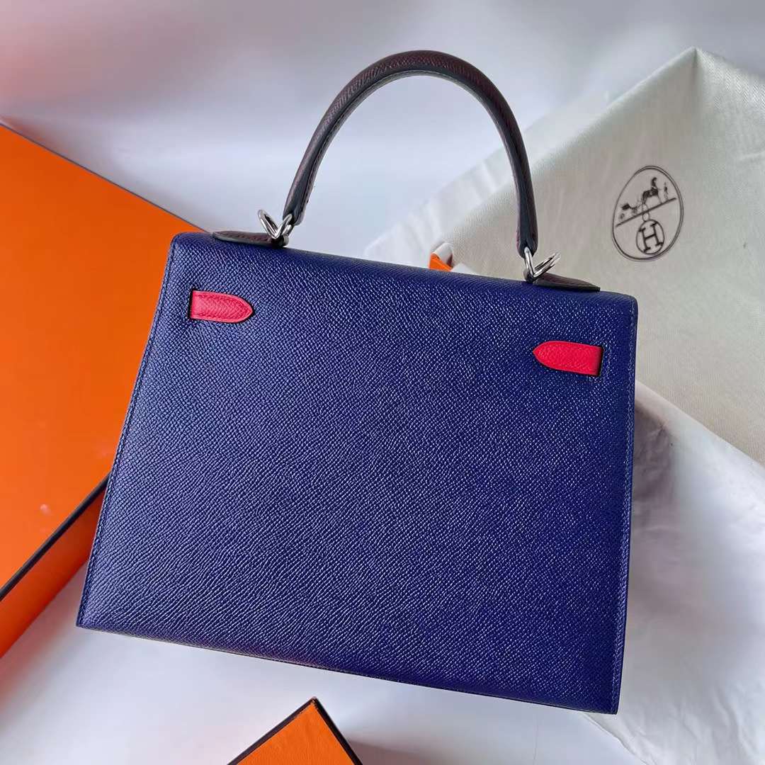 Hermès（爱马仕）Kelly 凯莉包 Epsom Ck73 宝石蓝 拼 0G 马鞍红 拼 Q5 国旗红 银扣 25cm 全手工蜡线缝制 Phw