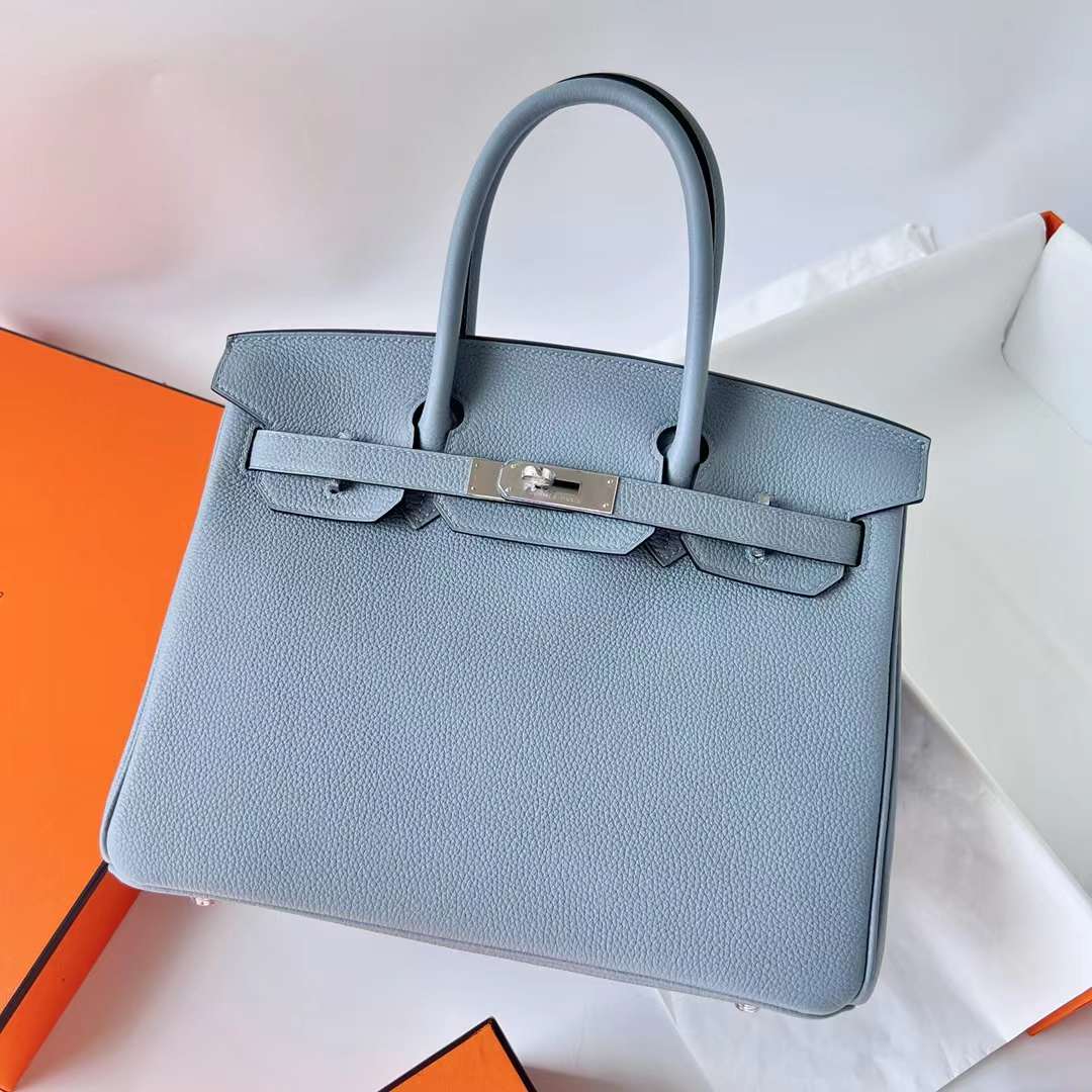 Hermès（爱马仕）Birkin 铂金包 Togo J7 亚麻蓝 内拼 D0 威马犬米色 银扣 30cm 全手工蜡线缝 Phw