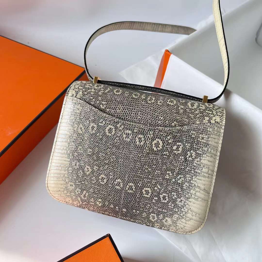 Hermès（爱马仕）Constance 空姐包 Lizard 进口蜥蜴皮 自然色 金扣 19cm 全手工蜡线缝 Ghw