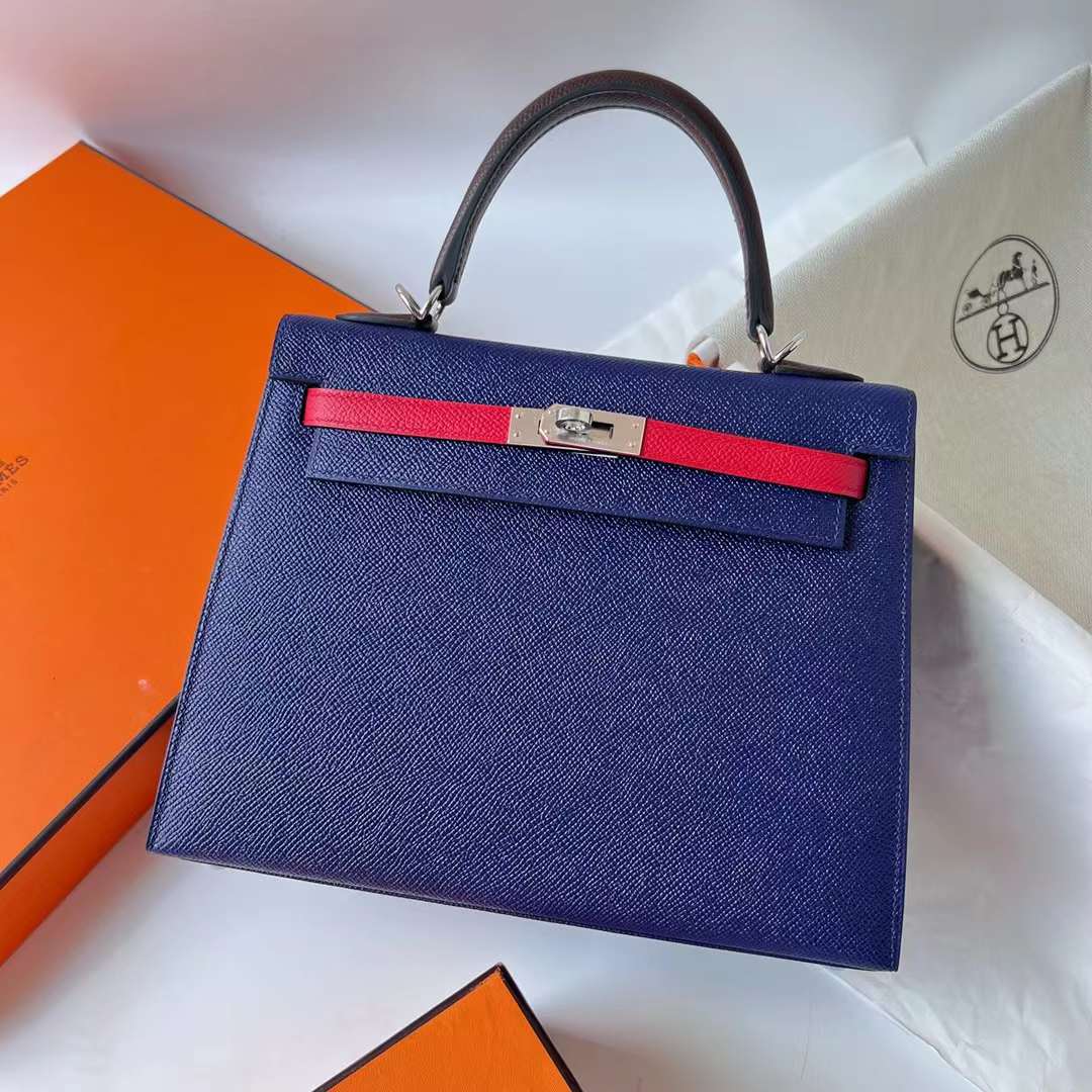 Hermès（爱马仕）Kelly 凯莉包 Epsom Ck73 宝石蓝 拼 0G 马鞍红 拼 Q5 国旗红 银扣 25cm 全手工蜡线缝制 Phw