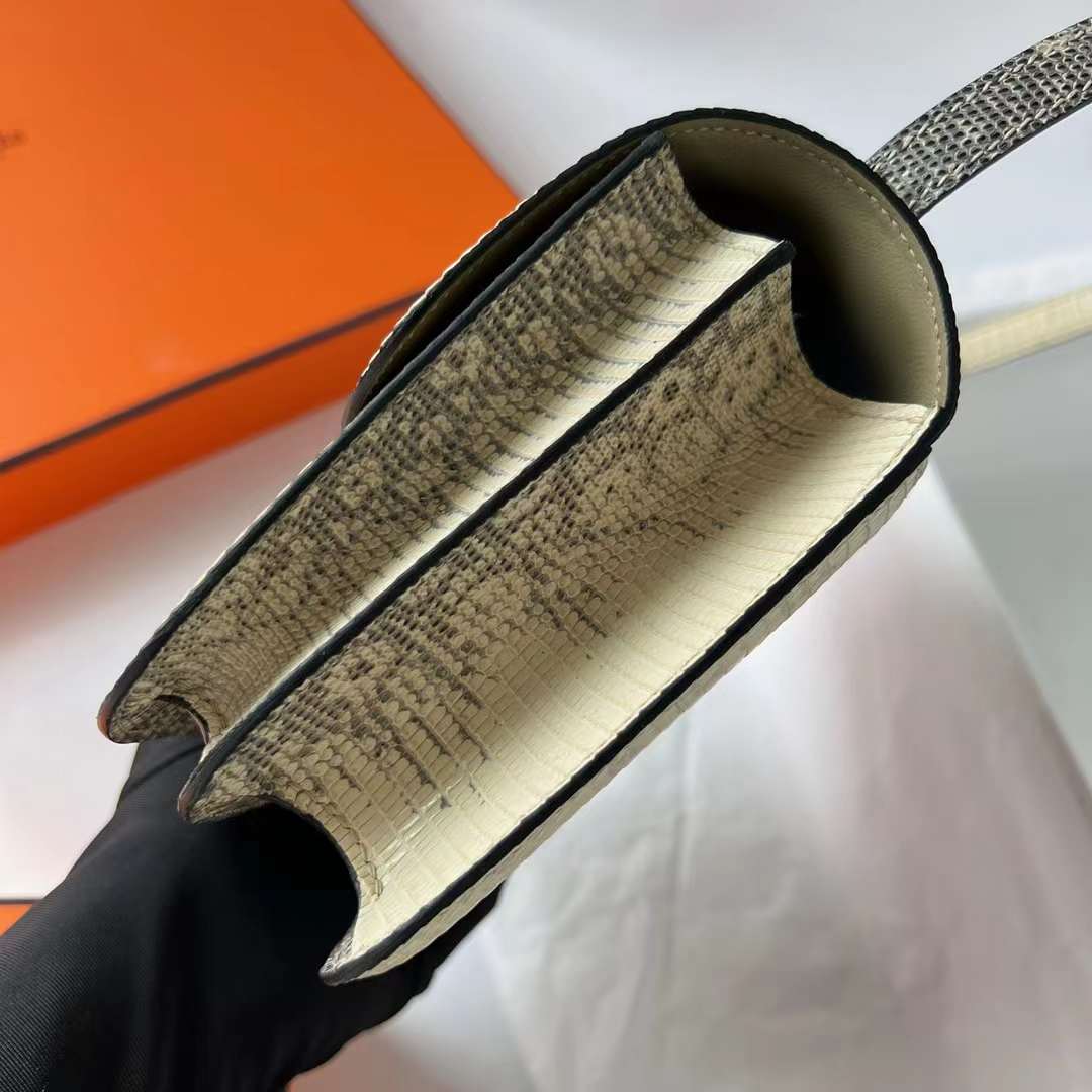 Hermès（爱马仕）Constance 空姐包 Lizard 进口蜥蜴皮 自然色 金扣 19cm 全手工蜡线缝 Ghw