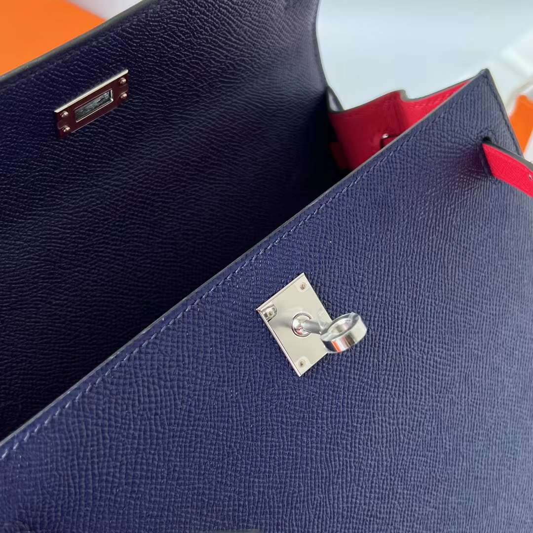 Hermès（爱马仕）Kelly 凯莉包 Epsom Ck73 宝石蓝 拼 0G 马鞍红 拼 Q5 国旗红 银扣 25cm 全手工蜡线缝制 Phw