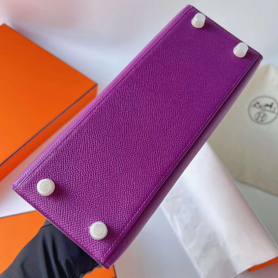 Hermès（爱马仕）Kelly 凯莉包 Epsom 进口手掌纹 P9 海葵紫 Anemone 银扣 25cm 全手工蜡线缝 Phw