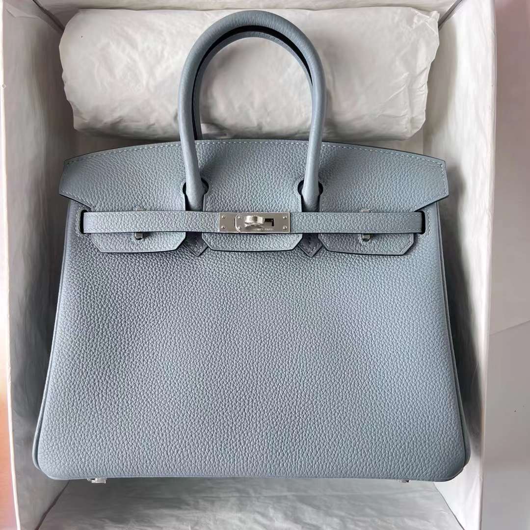 Hermès（爱马仕）Birkin 铂金包 Togo J7 亚麻蓝 内拼 D0 威马犬米色 银扣 25cm 全手工蜡线缝 Phw