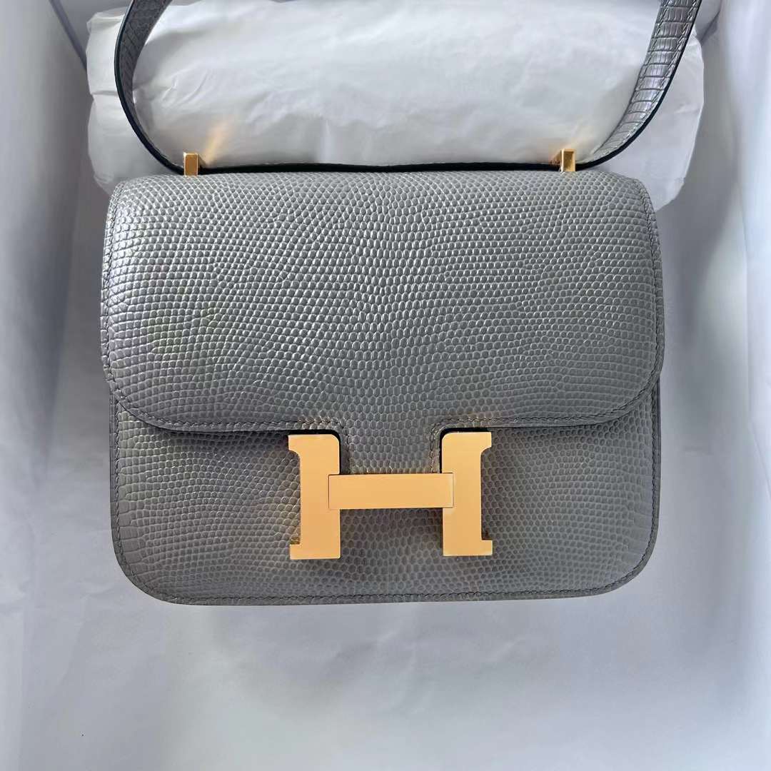 Hermès（爱马仕）Constance 空姐包 Lizard 进口蜥蜴皮 Ck81 斑鸠灰 金扣 19cm 全手工蜡线缝 Ghw