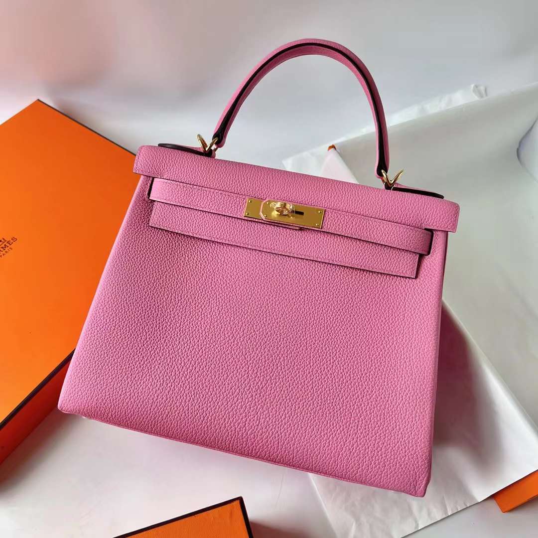 Hermès（爱马仕）Kelly 凯莉包 Togo皮 进口小牛皮 5P 樱花粉 金扣 28cm 全手工蜡线缝 Ghw