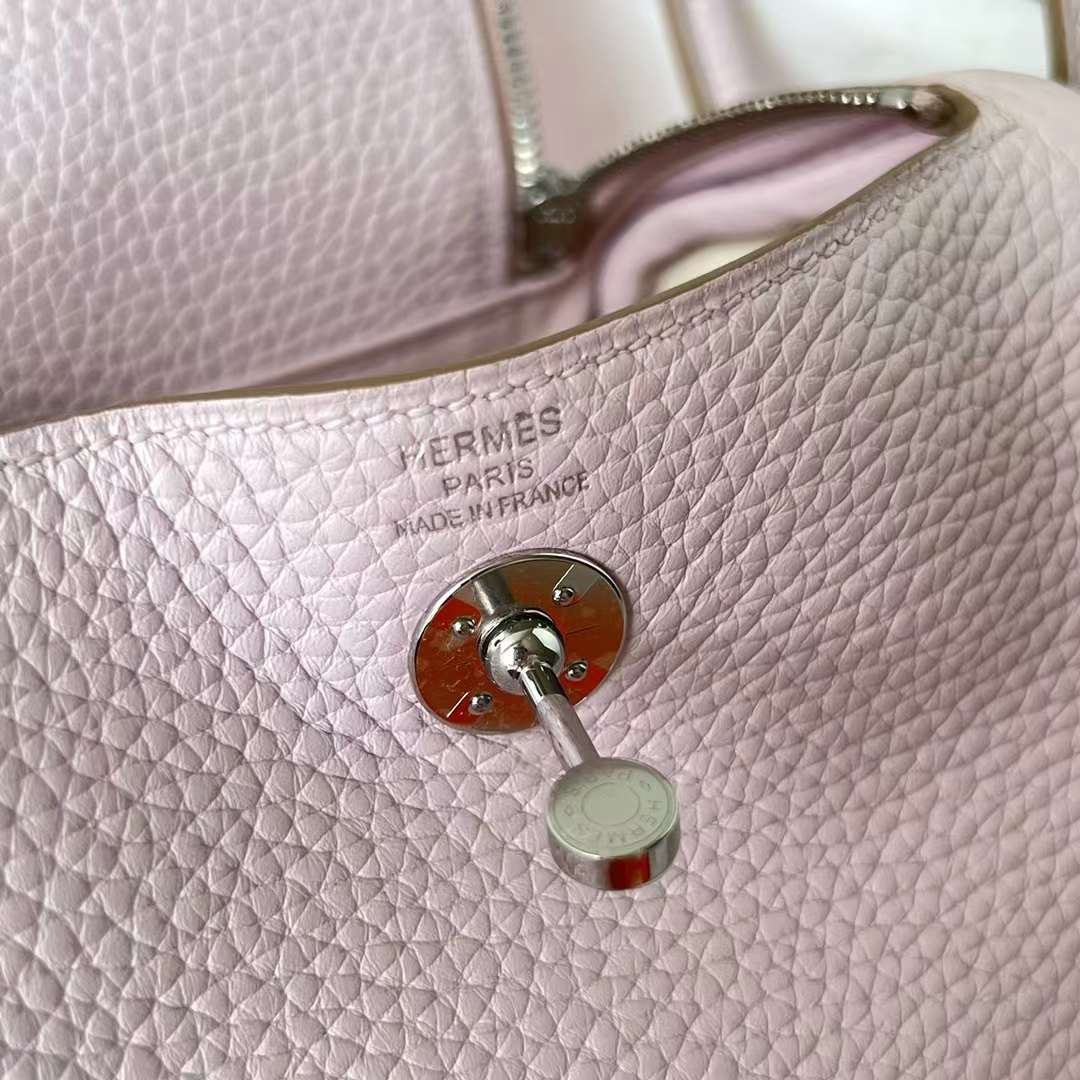 Hermès（爱马仕）Mini Lindy 迷你琳迪 Clemence 进口大牛皮 09 梦幻粉紫 内拼 i2 奶油白 银扣 19cm 全手工蜡线缝 Phw