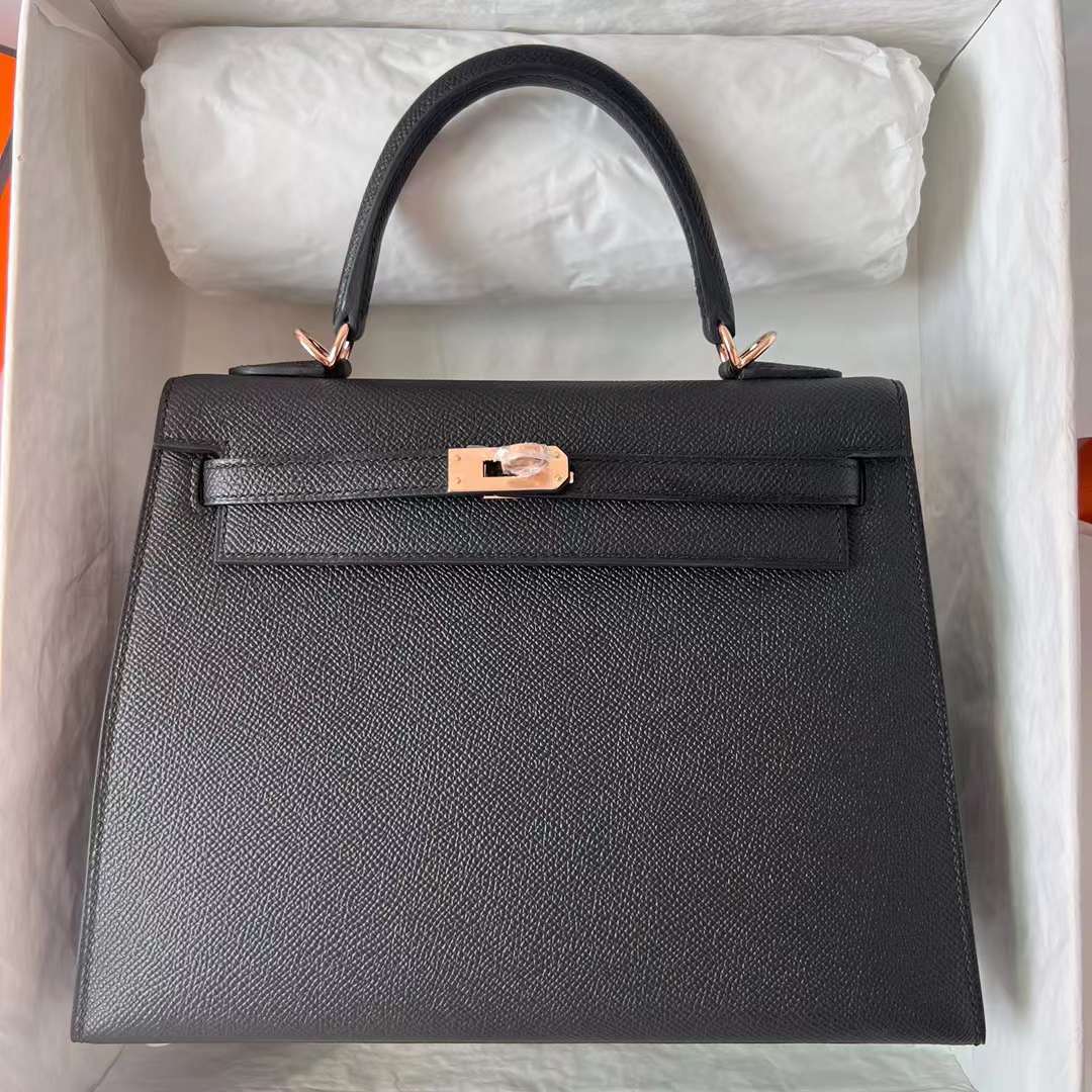 Hermès（爱马仕）Kelly 凯莉包 Epsom 进口掌纹皮 Ck89 黑色 玫瑰金扣 25cm 全手工蜡线缝 RGhw