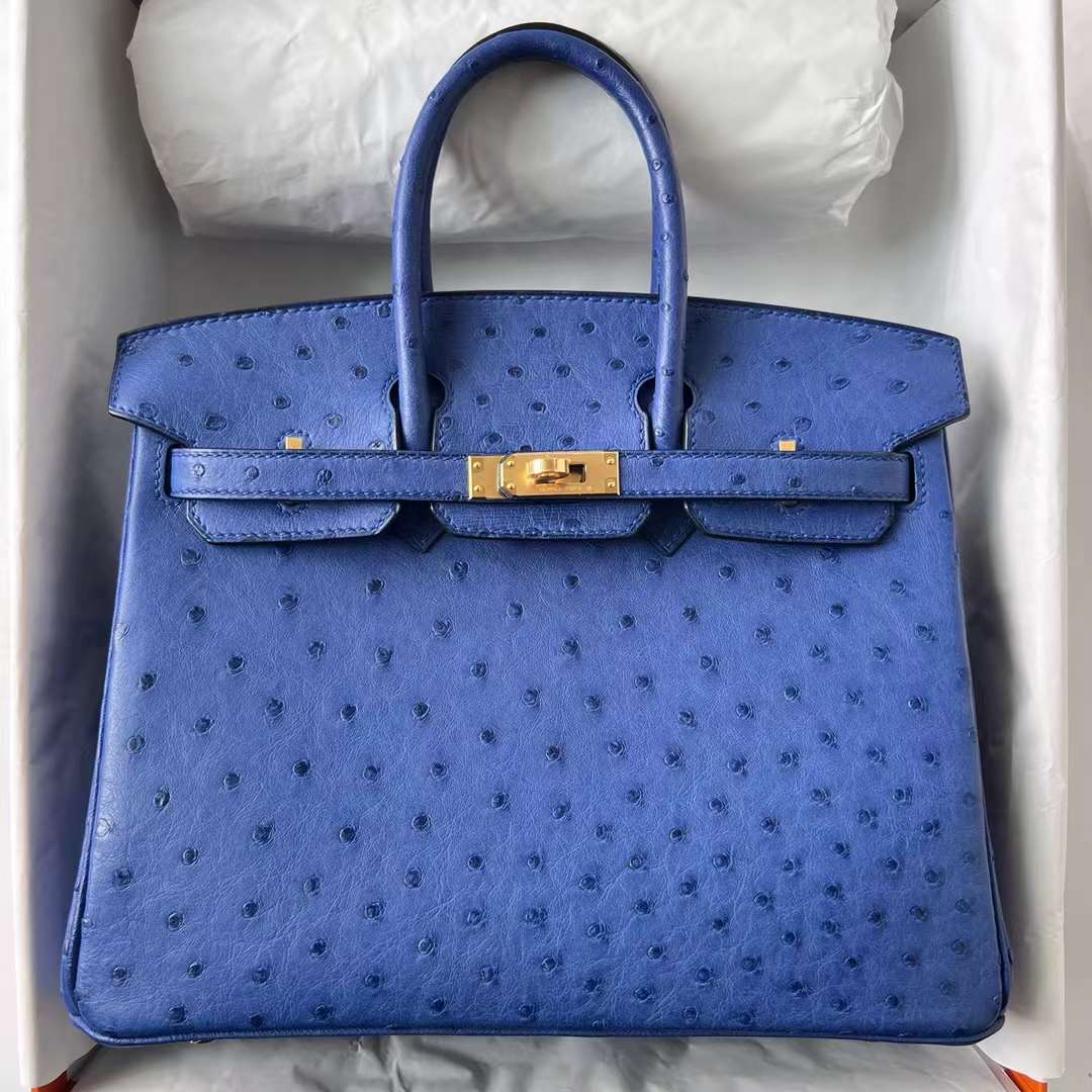 Hermès（爱马仕）Birkin 铂金包 Ostrich 进口鸵鸟皮 I7 琉璃蓝 金扣 25cm 全手工蜡线缝 Ghw