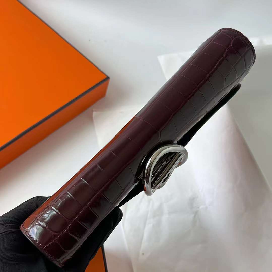 Hermès（爱马仕）猪鼻子手包 亮面尼罗鳄鱼皮 Ck57 波尔多酒红 Bordeaux 银扣 25cm 全手工蜡线缝 Phw