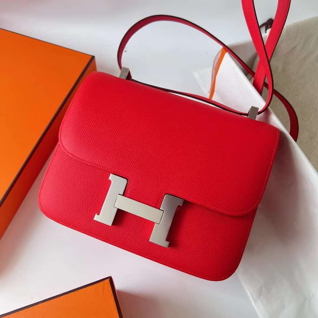 Hermès（爱马仕）Constance 空姐包 Epsom S3 心红色 银扣 24cm Phw 全手工蜡线缝